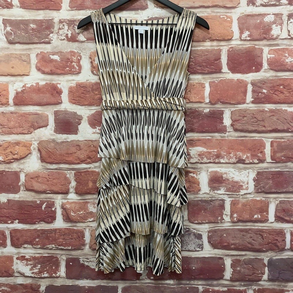 NEW YORK & COMPANY WOMEN'S TAN BROWN MULTICOLOR BOHO ABSTRACT TIERED DRESS - Picture 5 of 8